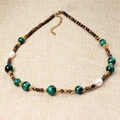 Tiger eye and green agate beaded necklace with pearls and gold accents on woven fabric - Tiger Eye Pearl Necklace / Brown/Green/White