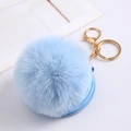 Close-up of light blue faux rabbit fur pom pom with gold keychain and round makeup mirror base - Sky Blue With Fur Ball