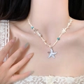 Detailed view of handmade wax rope necklace with starfish shell charms on collarbone - 6# Necklace-Off White Starfish Woven Vacation Style