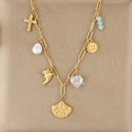 Collana dorata a tema oceano con ciondoli a stella marina, conchiglia e perle eleganti - Stile Conchiglia Girasole Delfino(KN292174-SXSJ)