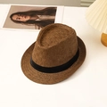 Dark brown woven straw fedora hat with black ribbon band for sun protection - L (58-60cm) / Coffee