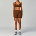 Donkerbruine yogaset voor dames met high-waist short en sportbeha van gerecyclede stof - XL / Bh+Shorts-Lichte Koffie