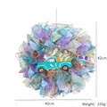 Easter wreath with blue truck, carrots and colorful mesh ribbons for home door decoration - Colorful Truck Wreath