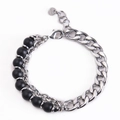 Detail of double-layer men's bracelet with black natural stone beads and silver chain - Matte Black Bracelet