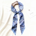 Detail showing silky narrow scarf with blue wave patterns and seagull print details - Light Blue Wave and Seagull Style (T414-9)