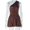 Detail of elegant ruffled texture and asymmetrical ruched design on brown A-line dress - S / Dark Brown