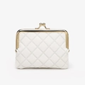 White quilted mini coin purse with golden kiss-lock closure and elegant rhombic pattern - White