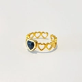 Detail van 18k vergulde roestvrijstalen ring met blauwe hart zirkoon en open schacht - Verstelbaar Open / Zwart