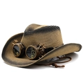 Steampunk straw cowboy hat with vintage gear goggles and adjustable windproof cord - M (56-58cm) / Khaki Black Gradient