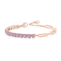 Detail of rose gold paperclip tennis bracelet with pink round-cut cubic zirconia gems - 4mm Rose Gold Pink Stone