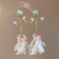 Handmade green bead tassel earrings with white fabric flower petals and floral accents - Style 73 (Silver Pin) / White