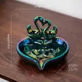 Iridescent ceramic swan heart jewelry tray with a gradient purple and green finish - Dark Green