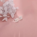 Silver square stud earrings with moonstone centerpiece on elegant pink silk fabric - Vintage Phantom Color Main Stone (A198)