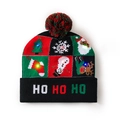 LED light-up Christmas knitted hat with HO HO HO text and colorful pompom - Red Green Black Plaid-HO HO HO