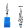 Macro detail of silver nail carbide drill bit OMWGY16 with cross-cut conical design - Blue Ring Pointed Cone Drill Bit (OMWGY16)