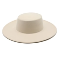 Classic cream wool felt flat top hat with a 10cm wide brim for men and women - M (56-58cm) / Beige