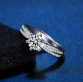 Sparkling six-prong heart ring with a brilliant round cut stone on a split pave band - J176 (White Gold)