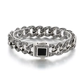 Vintage oxidized silver Cuban chain bracelet featuring black gemstone and floral engravings - Ancient Silver (KB170280-KJX)