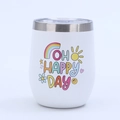 Detail of 12oz white egg-shaped tumbler with Oh Happy Day print and clear lid - OH HAPPY DAY Lettering Style