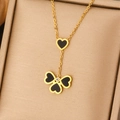 Titanium steel gold necklace featuring a black heart clover pendant with a tiny zircon - Gold Black Clover Heart Zirconia Necklace (XY004)