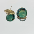 Elegant gold-plated round earrings with green center beads and colorful gemstone accents - Vintage Irregular Edge Green Gem Stud Earrings (2112)