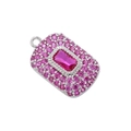 Detail of silver rectangular pendant featuring a large pink crystal and pavé border - Platinum Plated Rose Red Zirconia