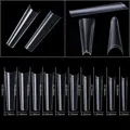 Size chart for extra long coffin false nail tips in ten varied transparent sizes - MAX C Curve Style / Clear