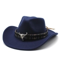 Navy blue western wool felt cowboy hat with ethnic braided band and silver bull skull accent - Navy Blue / M (56-58cm)