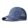 Detail of blue washed cotton trucker hat with distressed brim and breathable mesh - Adjustable / Navy Blue