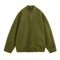 Detail of olive green sherpa bomber jacket showing texture, stand collar and pockets - Army Green