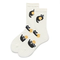 Off-white cotton mid-calf socks with black cat print and yellow ball pattern - One Size (EU 35-39) / Cat