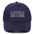 Close-up of MOM white embroidery on navy blue cotton twill baseball cap with peak detail - Adjustable / Navy Blue MOM