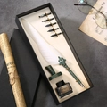European vintage white feather quill pen set with bronze holder and calligraphy nibs - White
