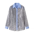 Camisa elegante de lentejuelas plateadas con detalles de rayas azules y blancas - XS / Plateado