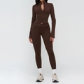 Women's dark brown yoga set featuring stand collar zip jacket and high waist leggings - S / Top And Bottom / Jacket + Pants / Coffee