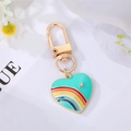 Rainbow striped heart keychain with light blue finish and sparkling crystal accent - Lake Blue Heart Rainbow