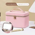 Pink cross-grain leather makeup case with LED mirror and gold logo, large size - Large Pink [LED Light]