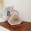 Chic pink PU leather and straw shell handbag with a gold chain strap for women - Pink