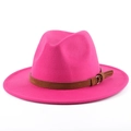 Elegant rose pink wool felt fedora jazz hat with dark brown leather belt and metal buckle - Rose Red