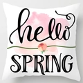 Close-up of white cushion cover with Hello Spring floral design and pink watercolor rose - 45x45cm(Cover Only) / Hello Spring Single Rose (LTD351-6)