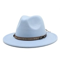 Detail of light blue felt fedora featuring an ethnic woven band and metal buckle - Sky Blue