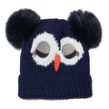 Detail of owl embroidery and dual faux fur pom-poms on navy knit winter beanie - M (54-56cm) / Navy Blue