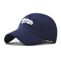 Close-up of white 3D stereo embroidery Vintage text on navy cotton baseball cap - Adjustable / Navy Blue