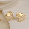 Eleganti orecchini a lobo a cuore in rame placcato oro con zirconi scintillanti - Oro Doppio Cuore