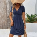Vestido corto azul marino de manga corta con escote en V y nudo para vacaciones - S / Azul