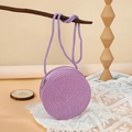 Mini round purple woven straw crossbody bag with spiral texture and zipper closure - 16cm / Purple