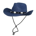 Dunkelblauer Stroh-Cowboyhut mit Lederband, Silbernieten und verstellbarem Kinnriemen - M (56-58cm) / Marineblau