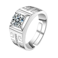 Men's adjustable silver ring with round moissanite stone and Greek key pattern - Great Wall Pattern Men's Ring Ljz-42 / Adjustable Open