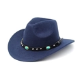 Detail of navy fedora hat with black leather band, silver studs and turquoise stones - M (56-58cm) / Navy Blue