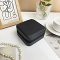 Portable black PU leather square jewelry travel case with secure zipper and textured finish - Small Square Case / Black